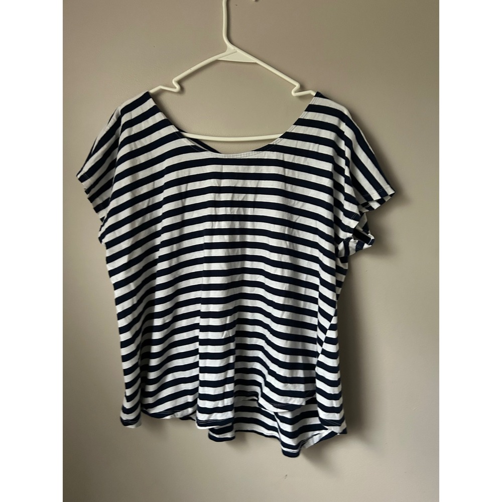 Y2K Bobeau Striped V Neck Criss‎ Cross Back Short Sleeve Top XL Nautical Coastal